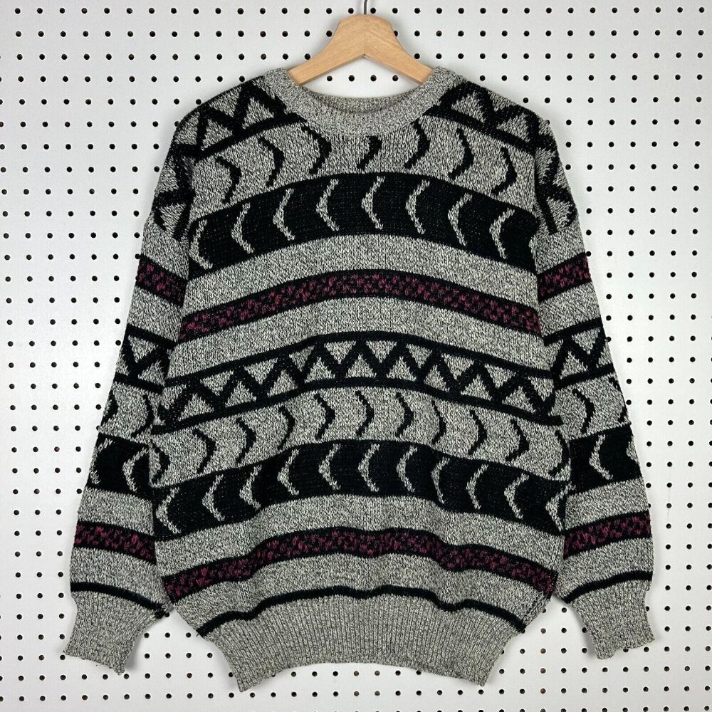 Brittany Bay Abstract Chunky‎ Knit Sweater Large Gray Multicolor Vtg Grandpa 90s